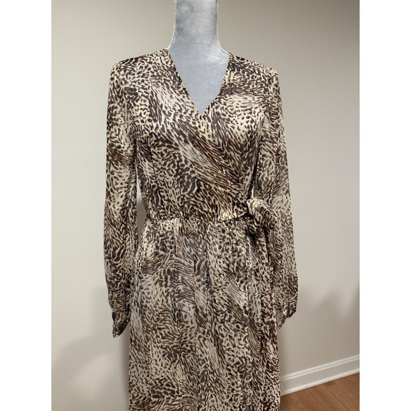 NWT Express M/L Chiffon Wrap Black Brown Sheer Leopard Print Maxi Dress Cover-Up - Picture 2 of 12